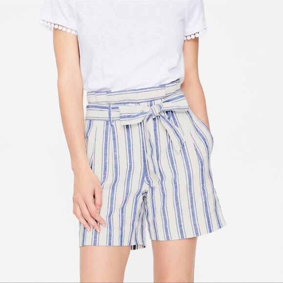Boden St. Ives Linen Blend Paper Bag Shorts Blue & White Stripes NO BELT size 10 - Picture 1 of 13